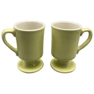 Vintage Yellow Diner Pedestal Mugs Thick Footed Unmarked Cream Interior‎